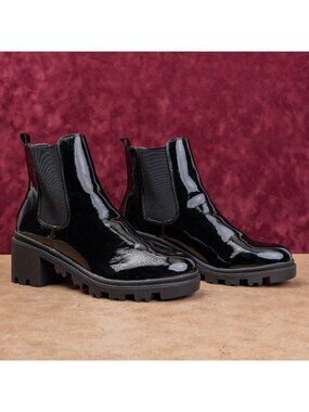 JF Women Black Faux Gloss Leather Fashion Slip-on Chelsea Ankle Boots sz 11